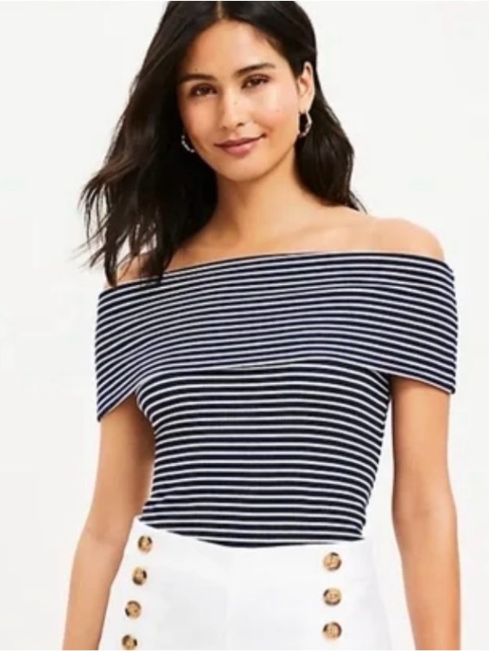 NWT LOFT Navy and White Striped Off-the-Shoulder Top